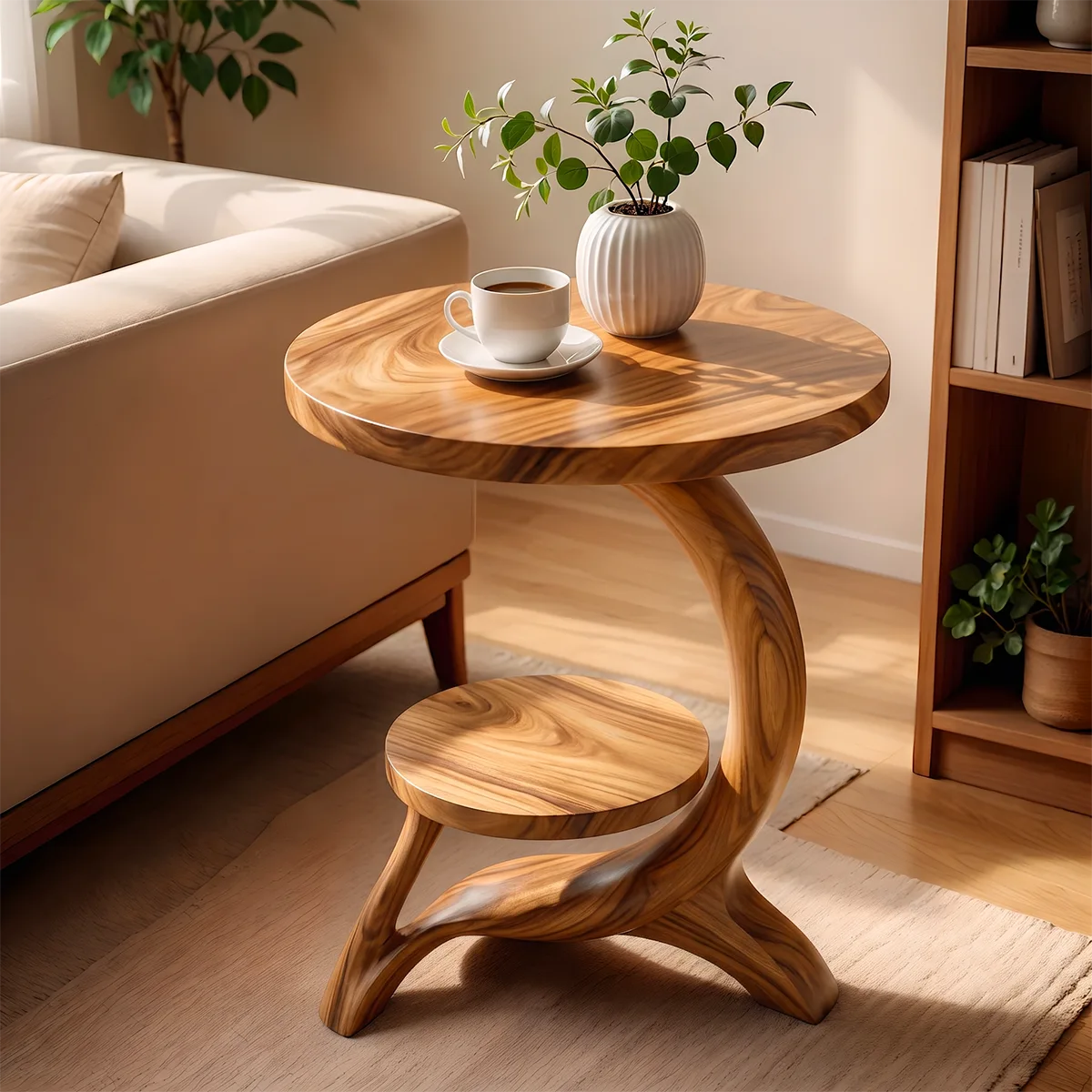 Modern Round End Table with Sculptural Base | Contemporary Accent Side Table with Display Shelf HG021-2HEU5KL