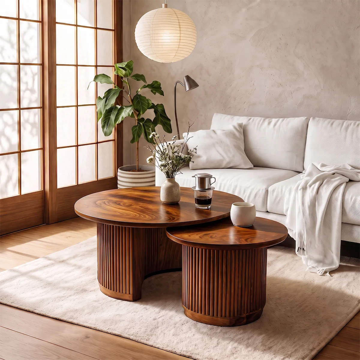 2-Piece Round Nesting Coffee Table Set with Fluted Base | Modern Space-Saving Center Tables HG021-9LVR6EA