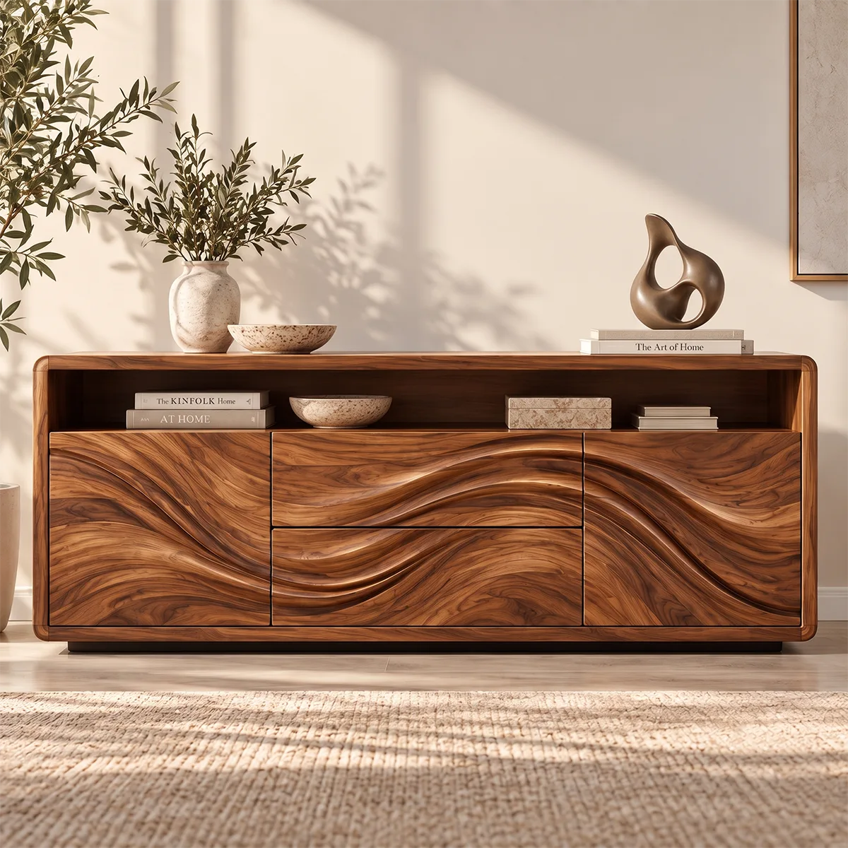 Sculptural Wave Sideboard with 2 Drawers, 2 Cabinets and Open Shelf | Modern Storage Cabinet HG021-9WUN9IL