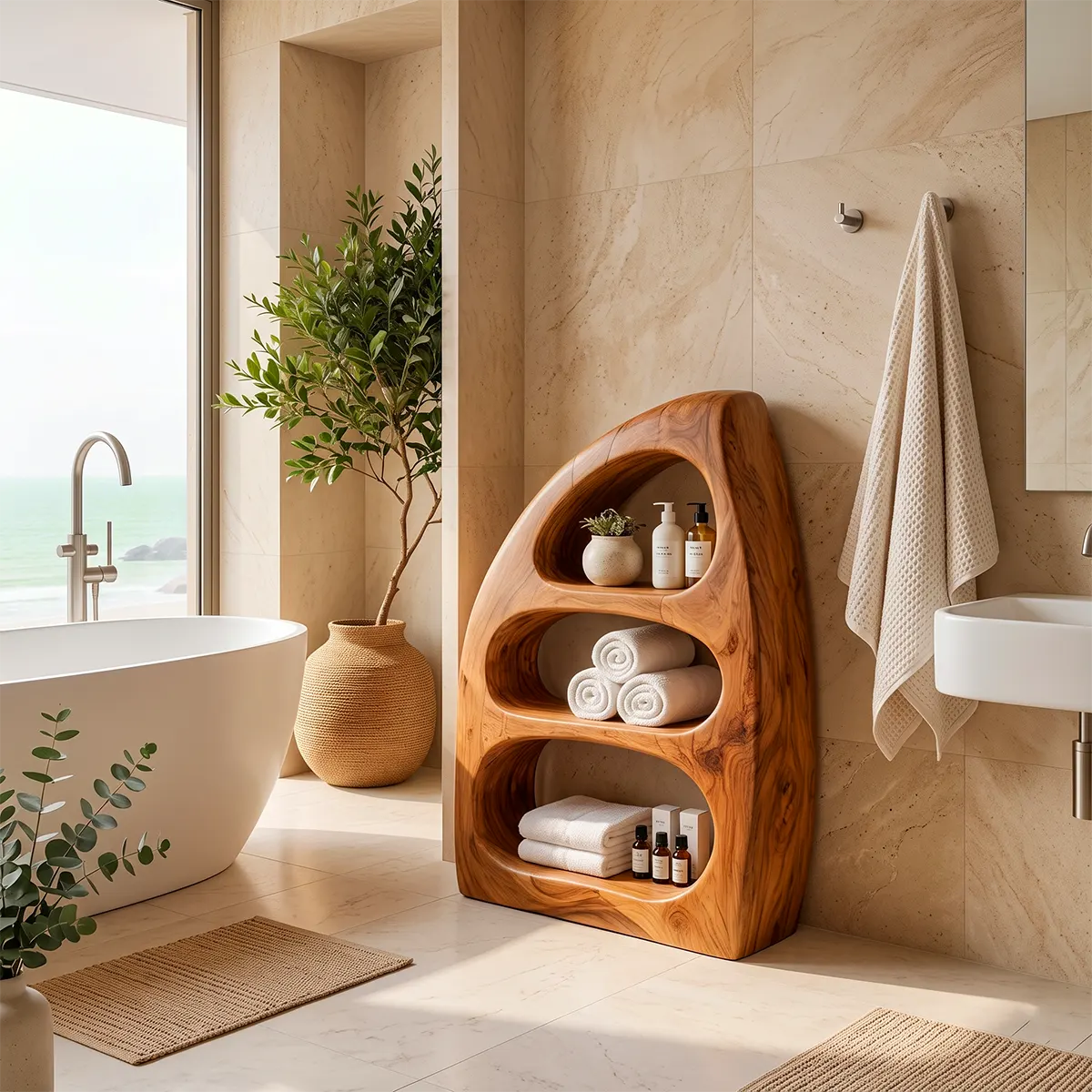 Sculptural Bathroom Cabinet with 3 Open Shelves | Organic Modern Storage TT006-2YFR1YX