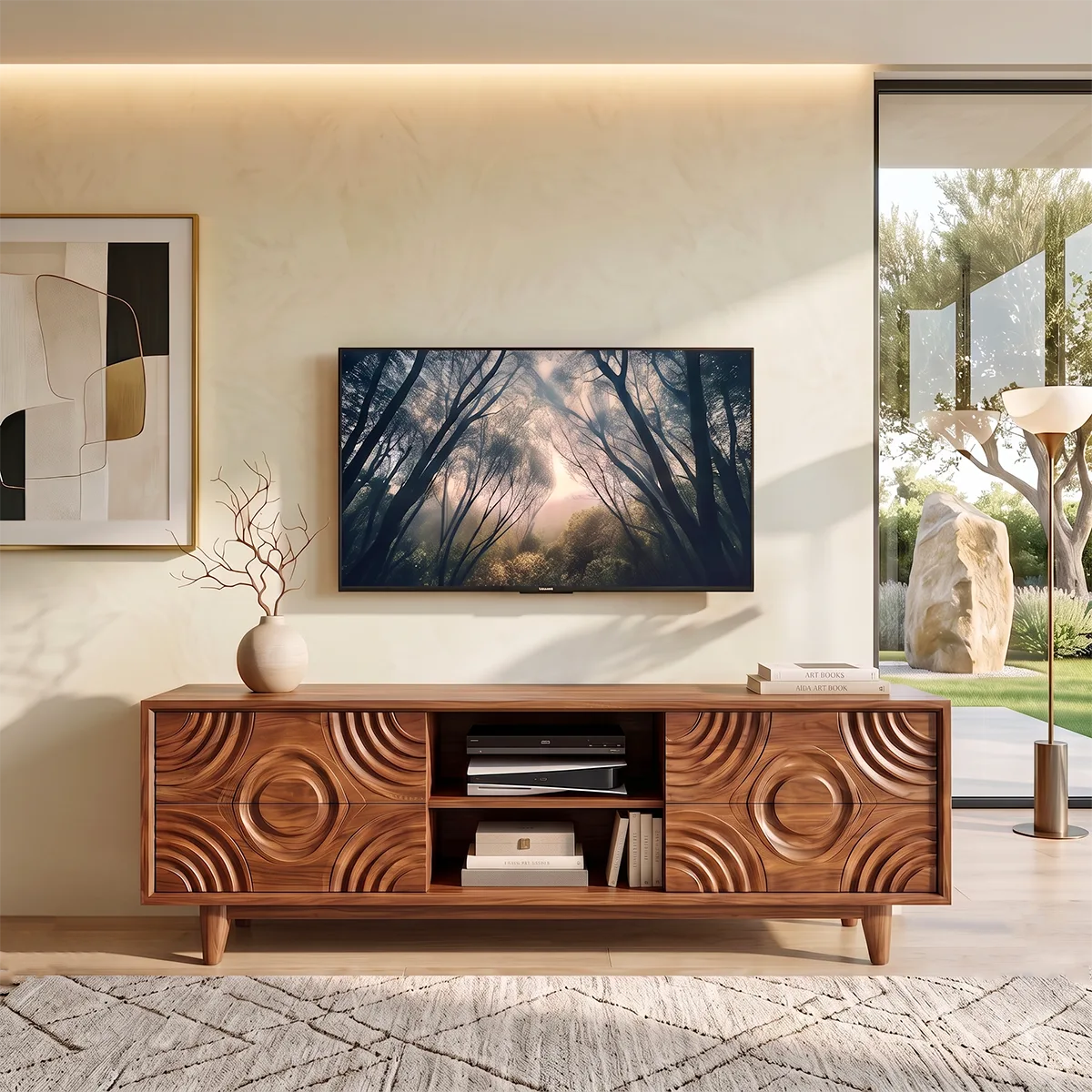 Geometric Carved Wood TV Stand with Drawers & Open Shelves | Modern Media Console HG021-4AVP4BD