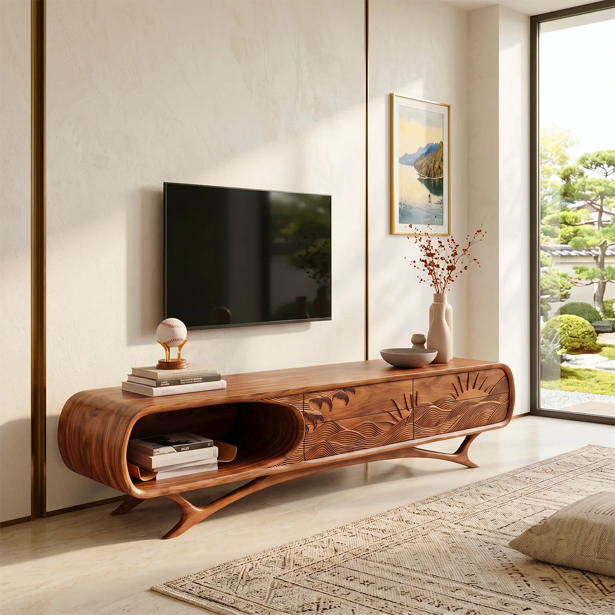 Sunrise Landscape Carved Wood TV Stand with Curved Frame | Sculptural Media Console HG021-2WSZ4IX