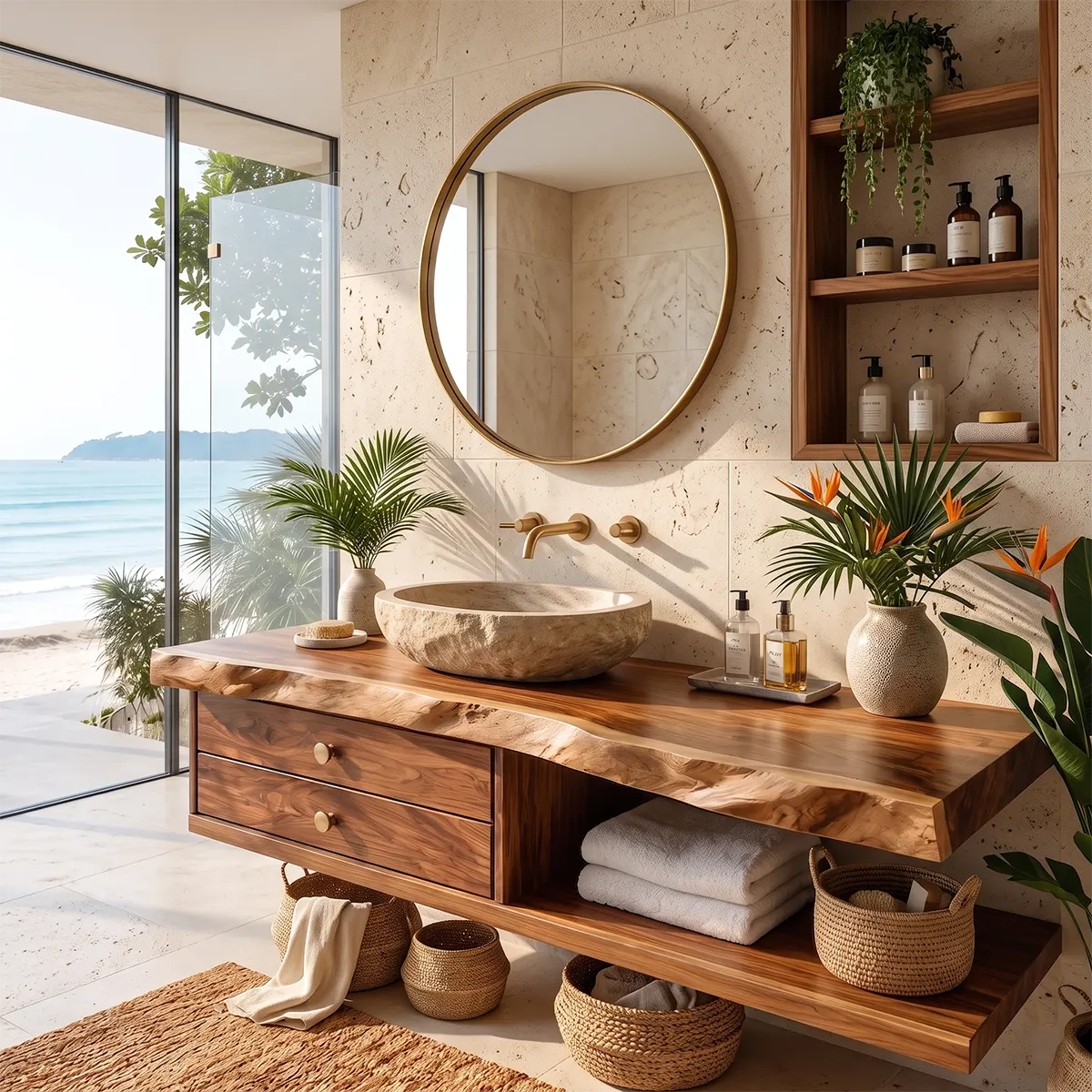 Live Edge Floating Bathroom Vanity | Wall Mounted Vanity with Drawers & Open Shelf TT006-4WJO5CA
