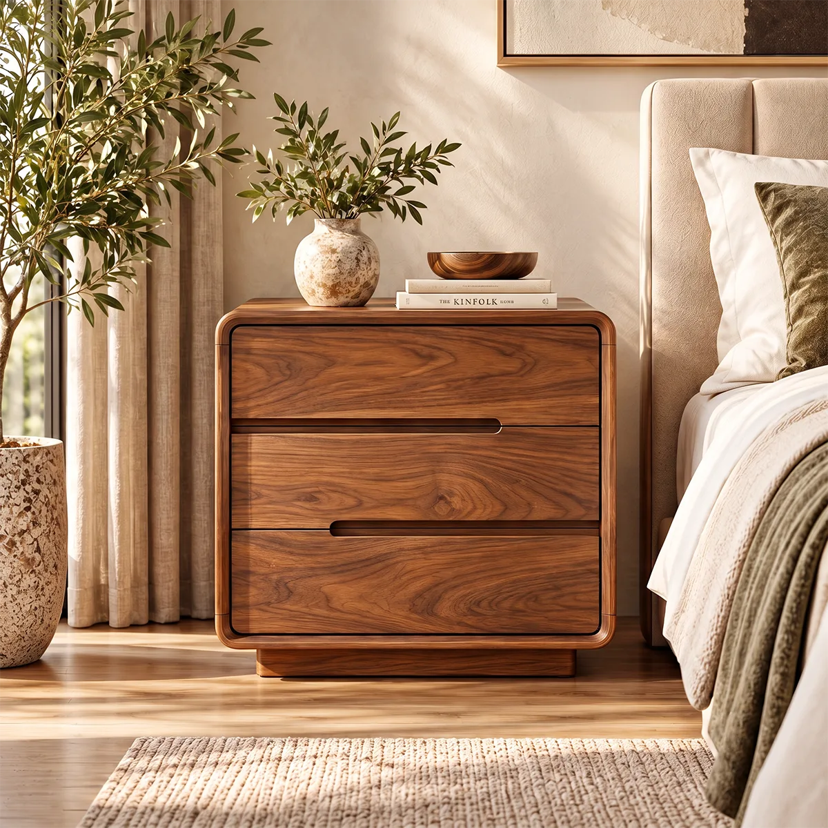 Modern 3-Drawer Nightstand | Rounded Corner Bedside Table with Recessed Handles HG021-1BHP5HK