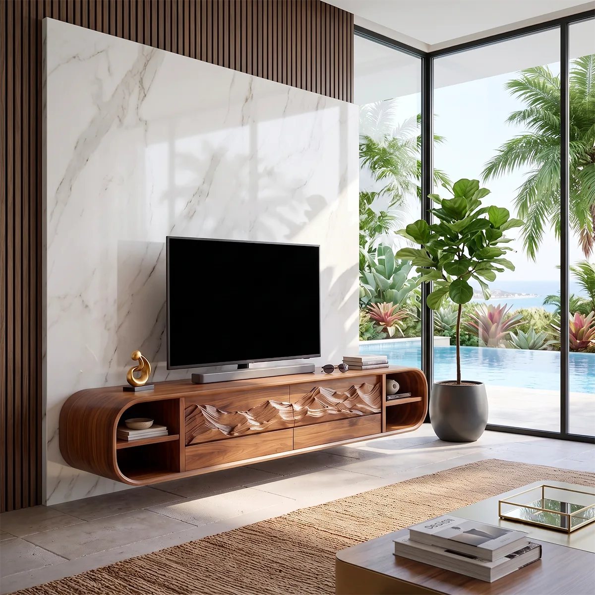 Mountain Relief TV Stand with Rounded Frame and Floating Storage HG021-1LGE7WE