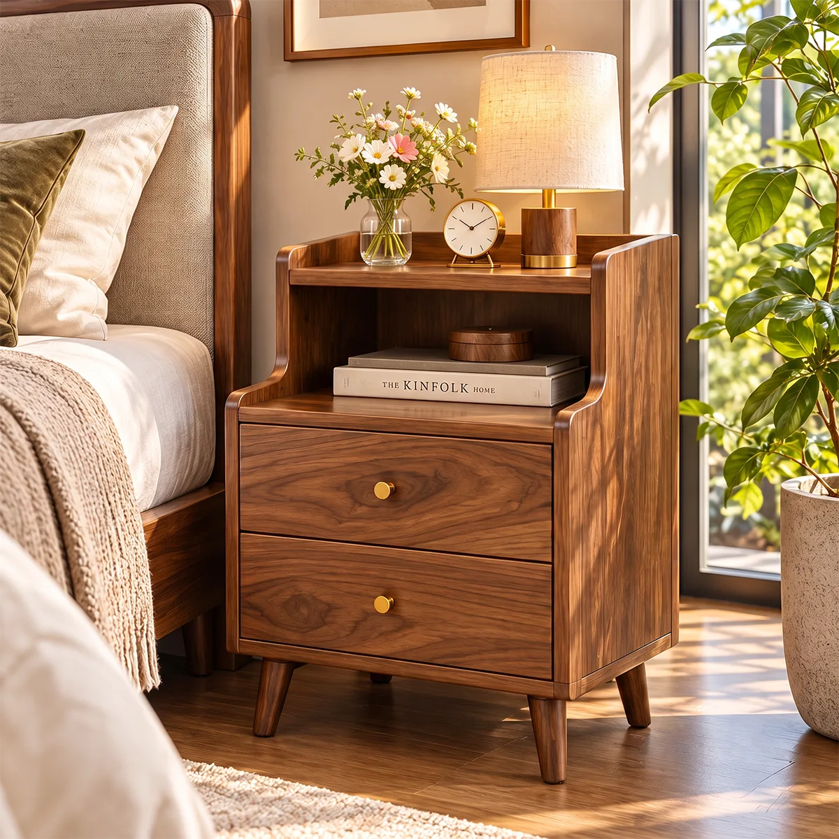 Modern 2-Drawer Nightstand with Open Shelf | Tall Bedside Table with Tapered Legs HG021-7TNK8GF