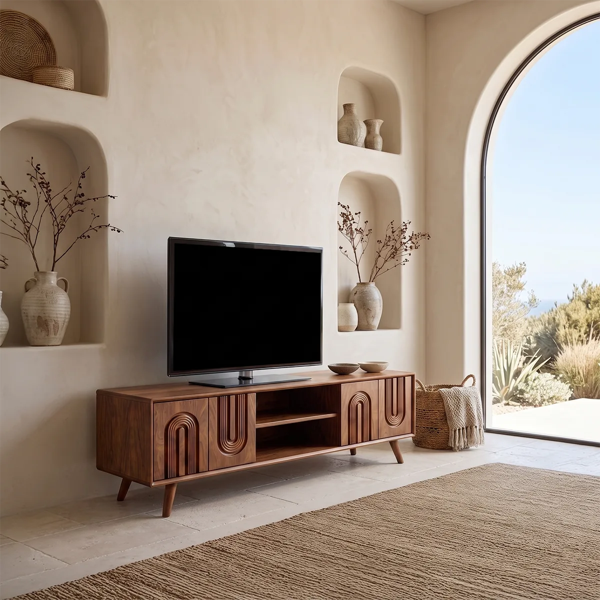 Fluted Arch Wood TV Stand with Open Shelves | Scultural Media Console HG021-8ITG9SJ