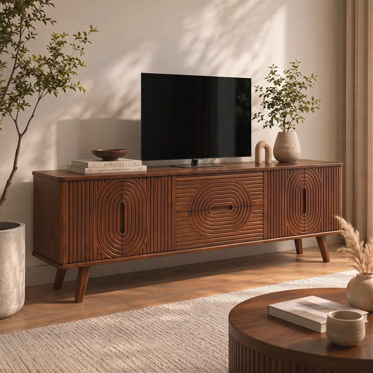 Geometric Fluted Wood TV Stand with Drawers & Cabinets | Mid-Century Media Console HG021-7RAV5YV