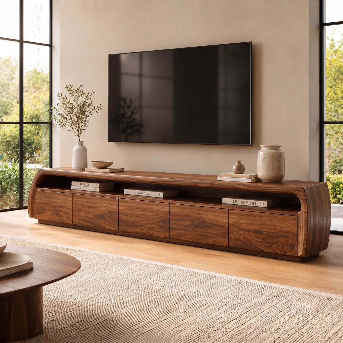 Modern TV Stand with 5 Enclosed Storage Compartments & Open Shelf | Curved Media Console TT006-2HKN9KV