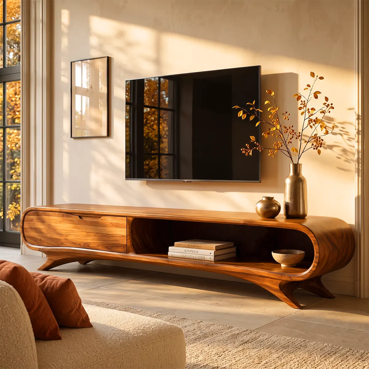 Modern Curved TV Stand with Large Drawer & Open Storage | Sculptural Media Console TT006-3JHB2OI