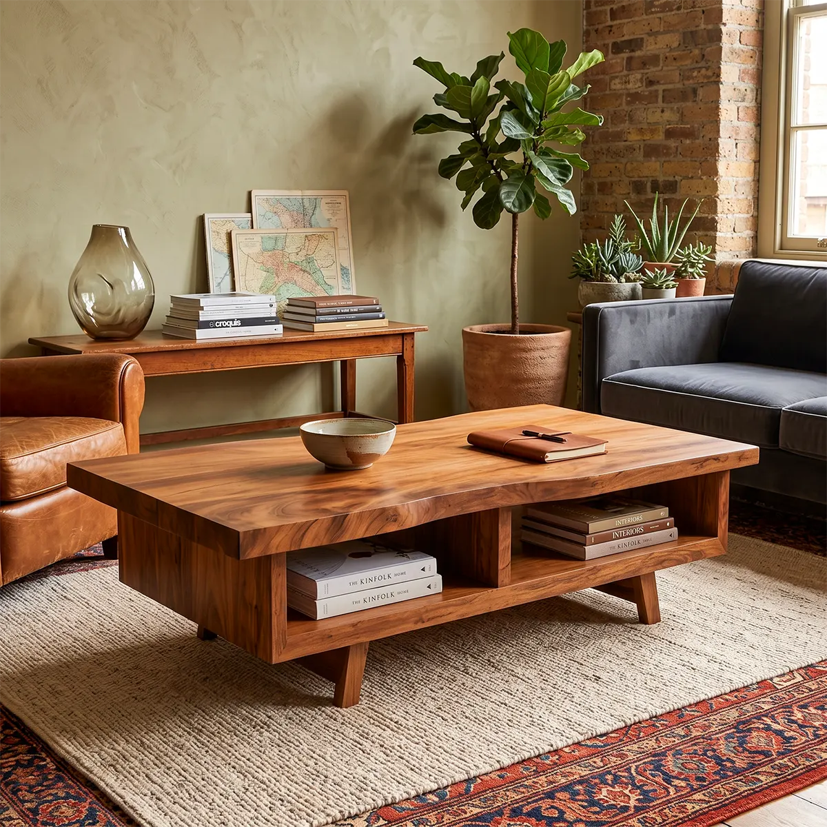 Rectangular Coffee Table with 2 Open Storage Compartments | Modern Low Profile Living Room Table TT006-6VAH6VV