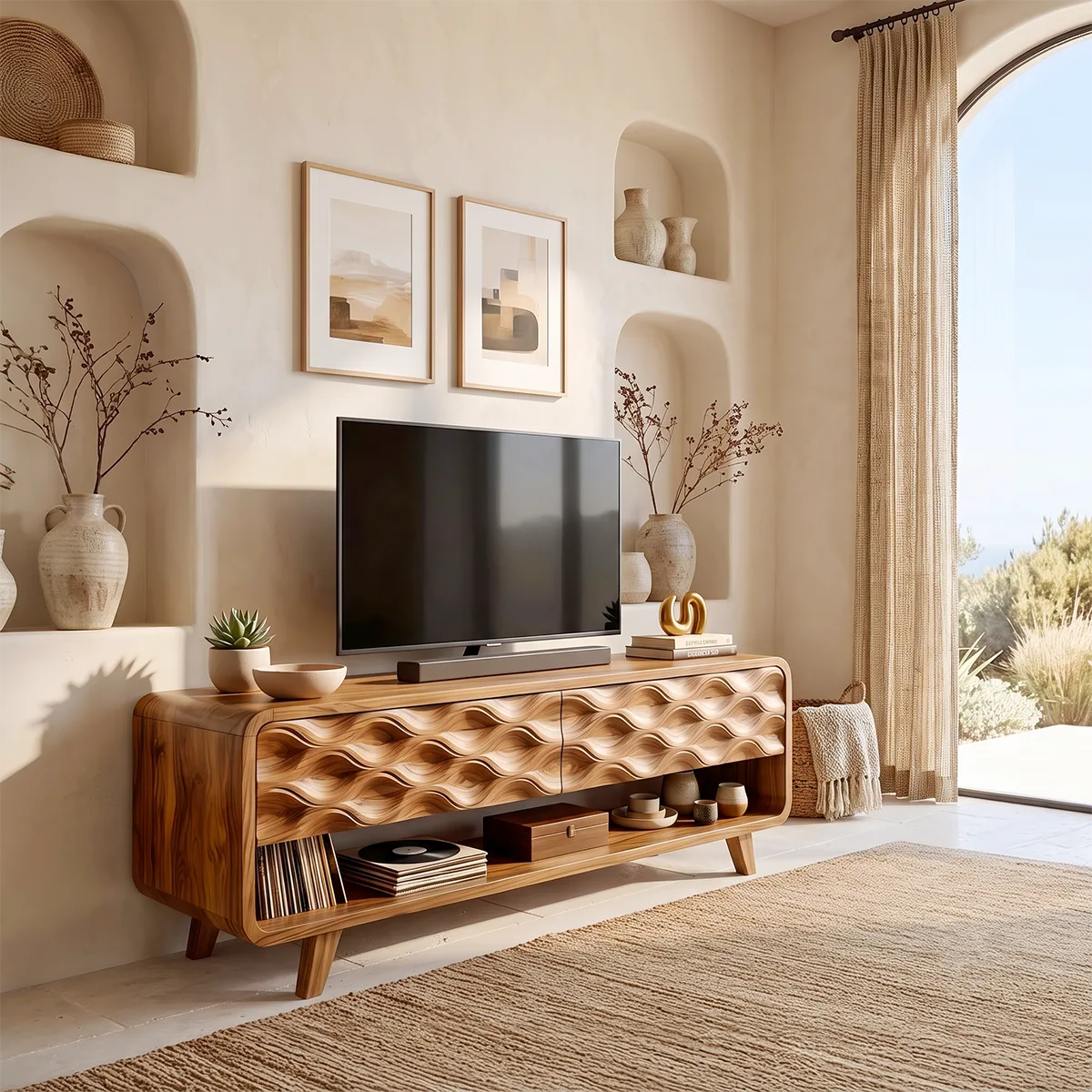 Modern TV Stand with Wave Front Doors | Contemporary Media Console with Open Storage HG021-4RXJ3SK