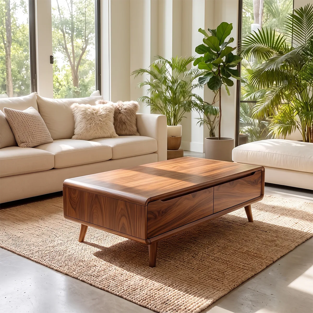 Coffee Table with 2 Storage Drawers | Modern Rounded Rectangular Center Table HG021-8SET4XE