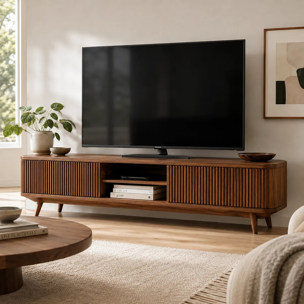 Fluted Wood TV Stand with Open Shelves | Modern Media Console HG021-8DUV7FV