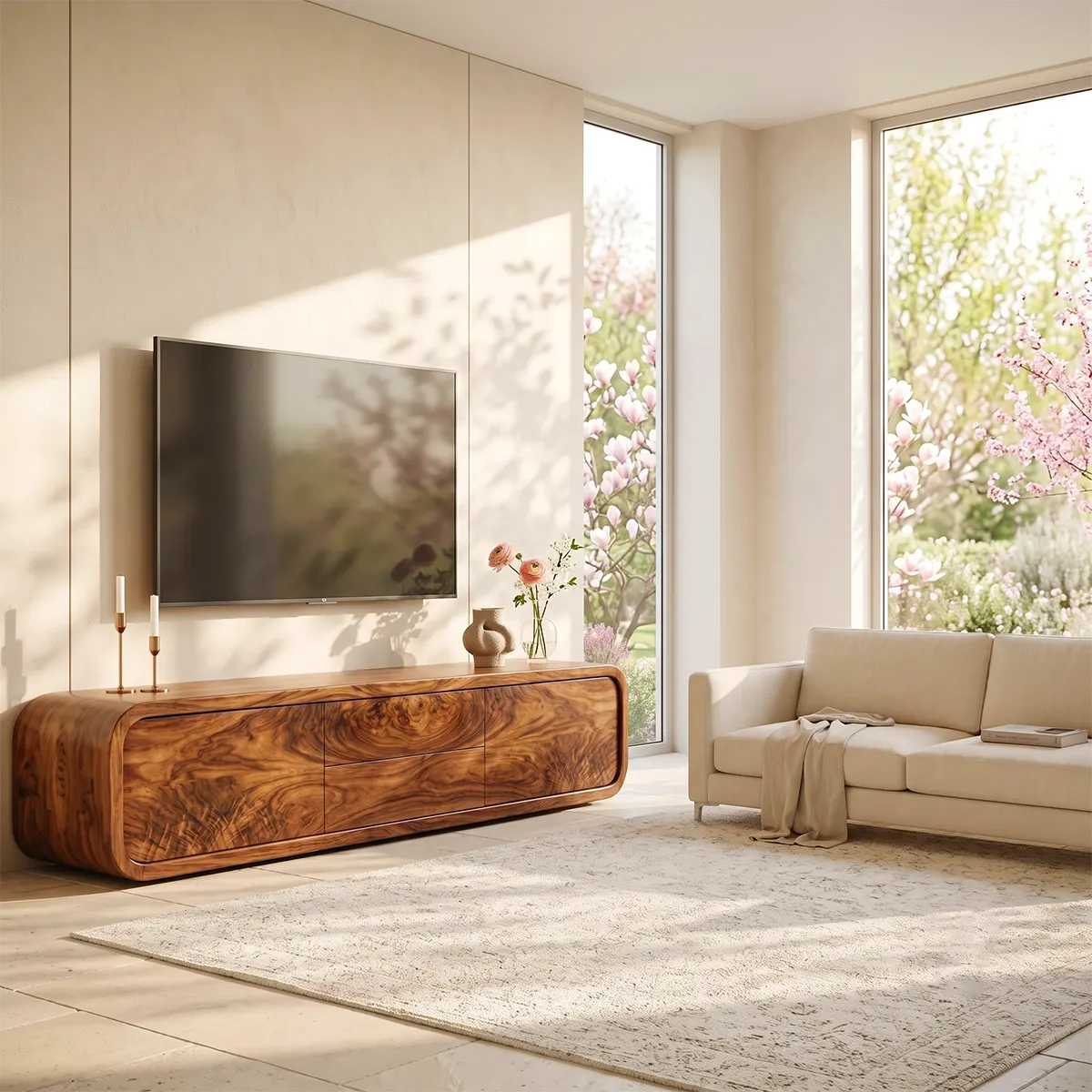 Modern TV Stand with 2 Drawers & 2 Cabinets | Rounded Organic Media Console TT006-6FSA9CR