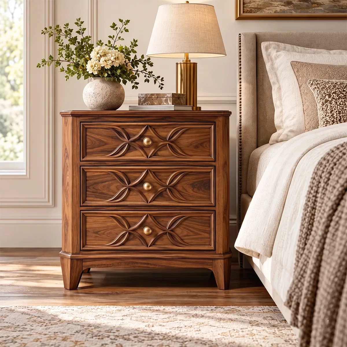 Carved 3-Drawer Nightstand | Decorative Bedside Table with Sculpted Geometric Fronts HG021-7GDR2YD