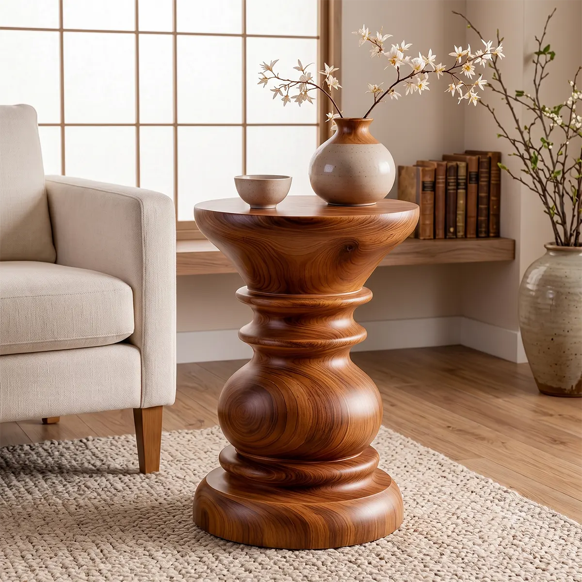Sculptural Turned Wood Pedestal End Table | Round Accent Side Table TT006-1BIY6KO