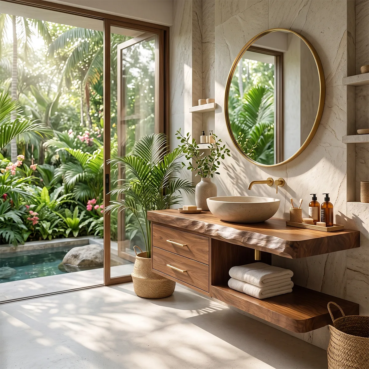 Floating Bathroom Vanity with 2 Drawers & Open Shelf | Organic Edge Modern Vanity TT006-9GFF3VU
