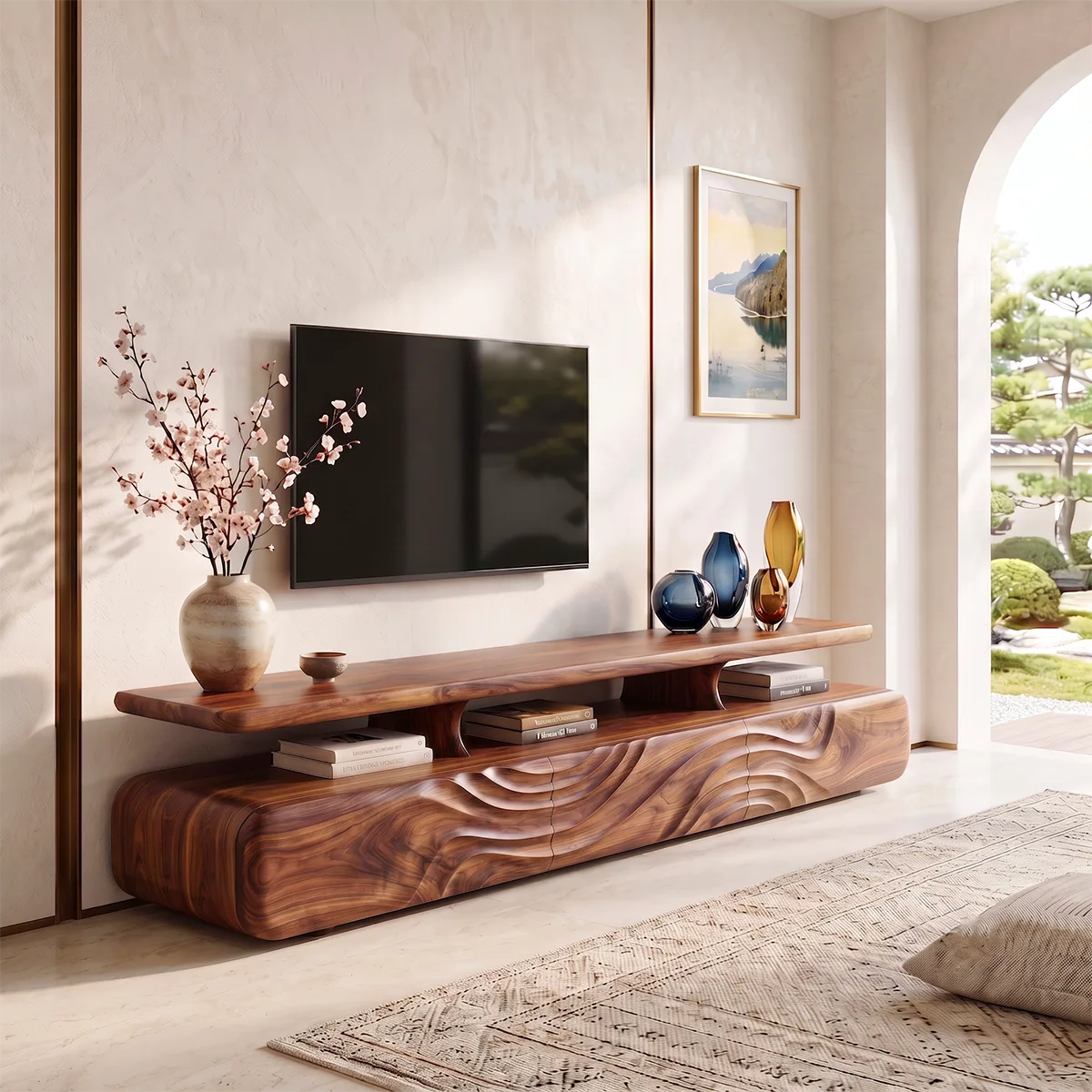 Modern TV Stand with Wave Front Doors | Contemporary Media Console with Open Display Shelf HG021-2DTK5LB