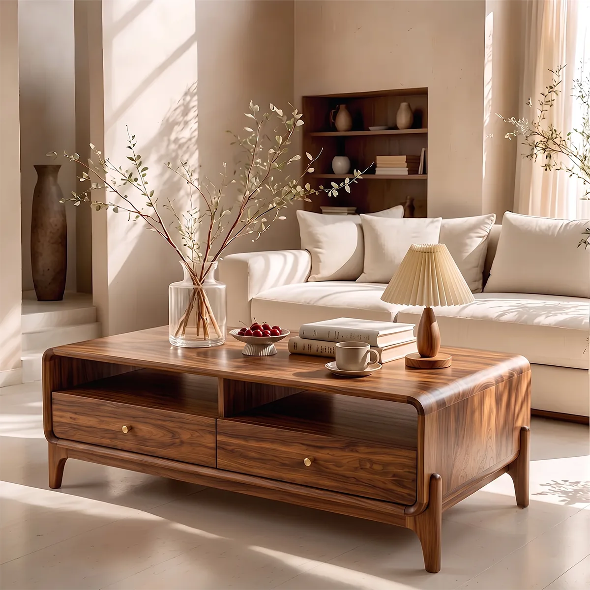 Wood Coffee Table with 2 Drawers & Open Shelves | Mid Century Modern Rectangular Living Room Table HG021-8XOV9MG