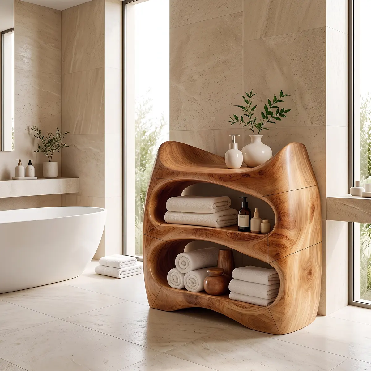 Sculptural Bathroom Vanity with Open Shelves | Freestanding Curved Vanity TT006-5ZSC4PA