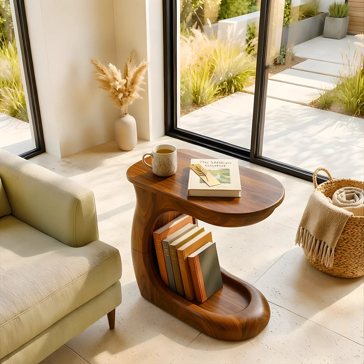 Modern C-Shaped End Table with Book Storage | Sculptural Sofa Side Table for Living Room HG021-7EFE3WW