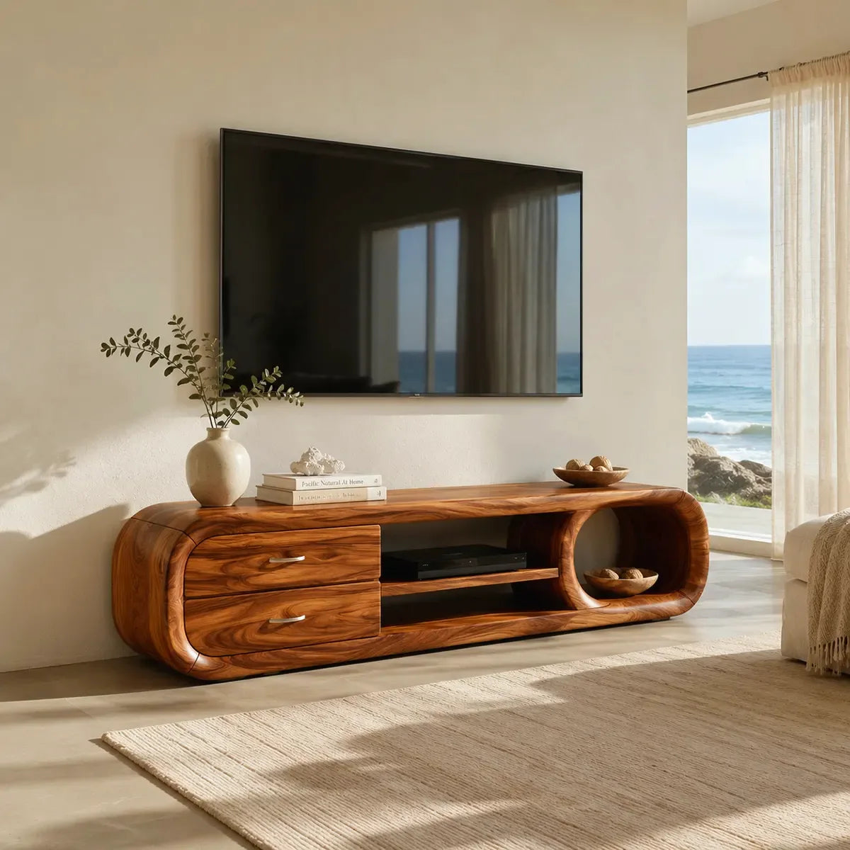 Modern Curved TV Stand with 2 Drawers & 3 Open Storage Areas TT006-8EDM7QK