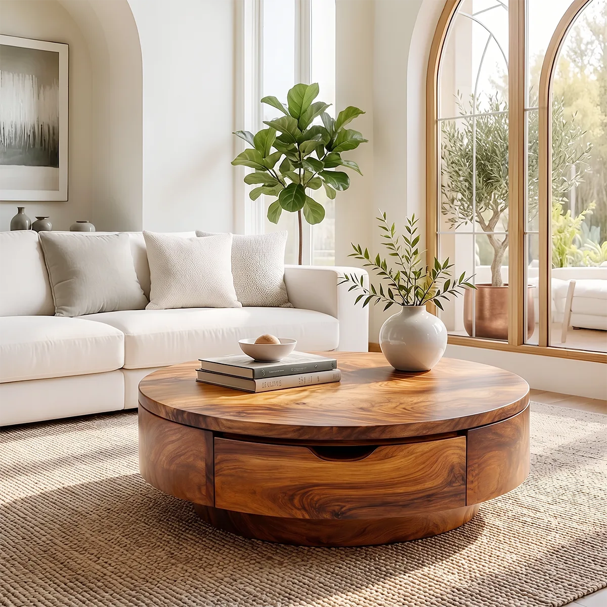 Round Coffee Table with Storage Drawer | Modern Low Profile Center Table HG021-2SOJ4AX