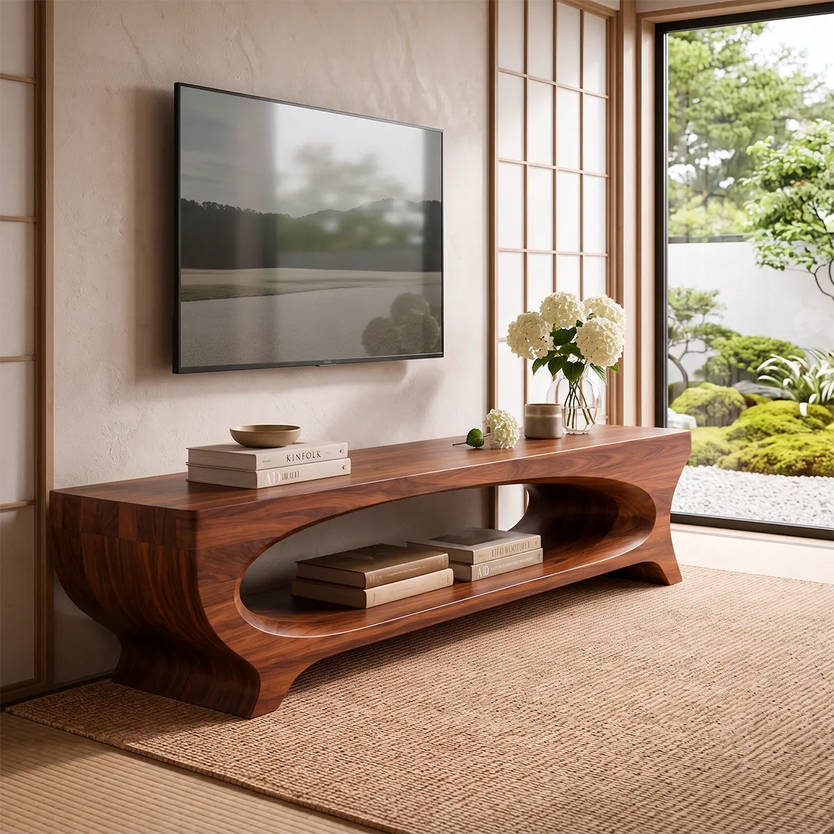 Sculptural Curved TV Stand with Large Open Shelf | Modern Low Profile Media Console TT006-7JCI6KI