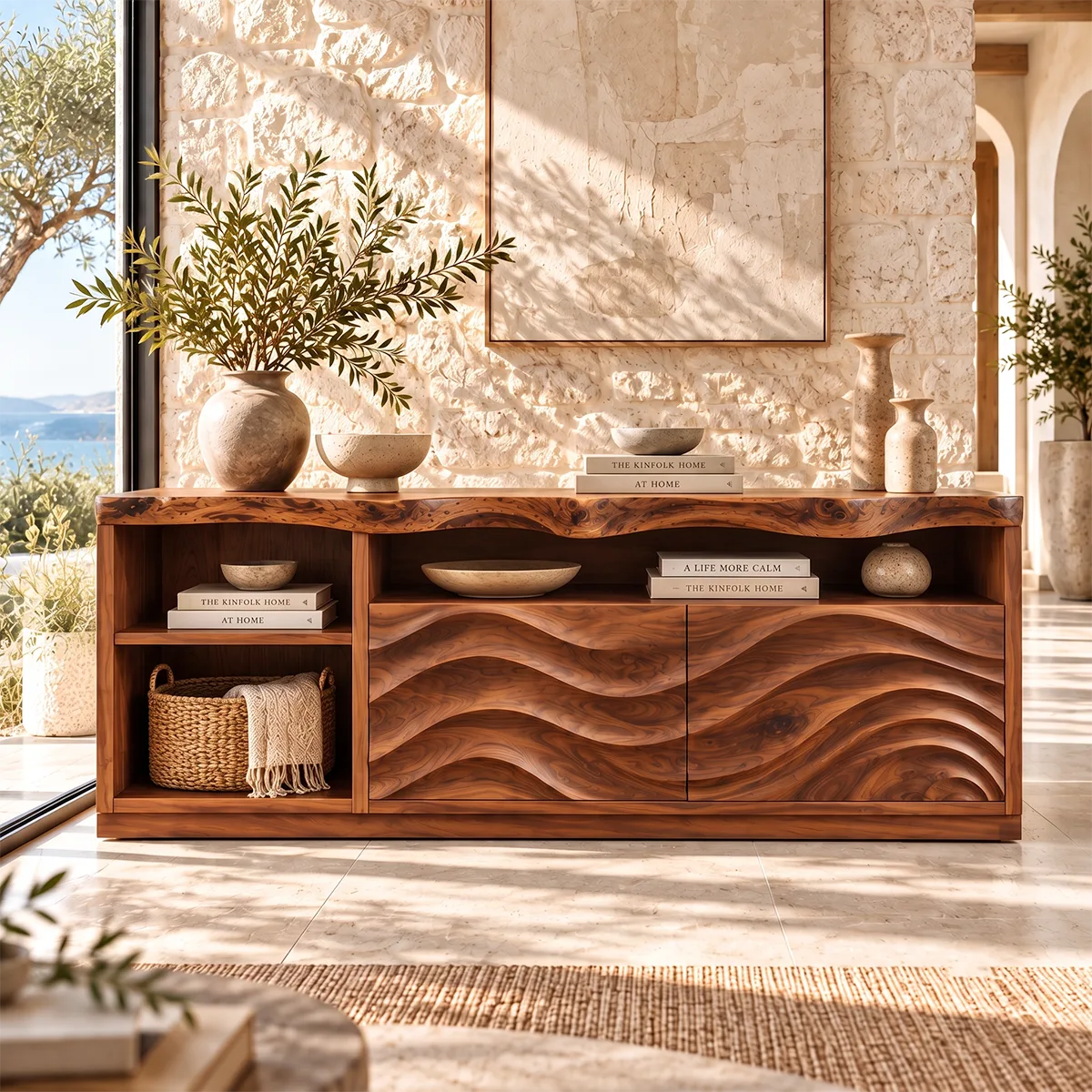 Sculptural Wave Sideboard with 2 Cabinet Doors and Open Shelves | Modern Storage Cabinet HG021-4LWU7BC
