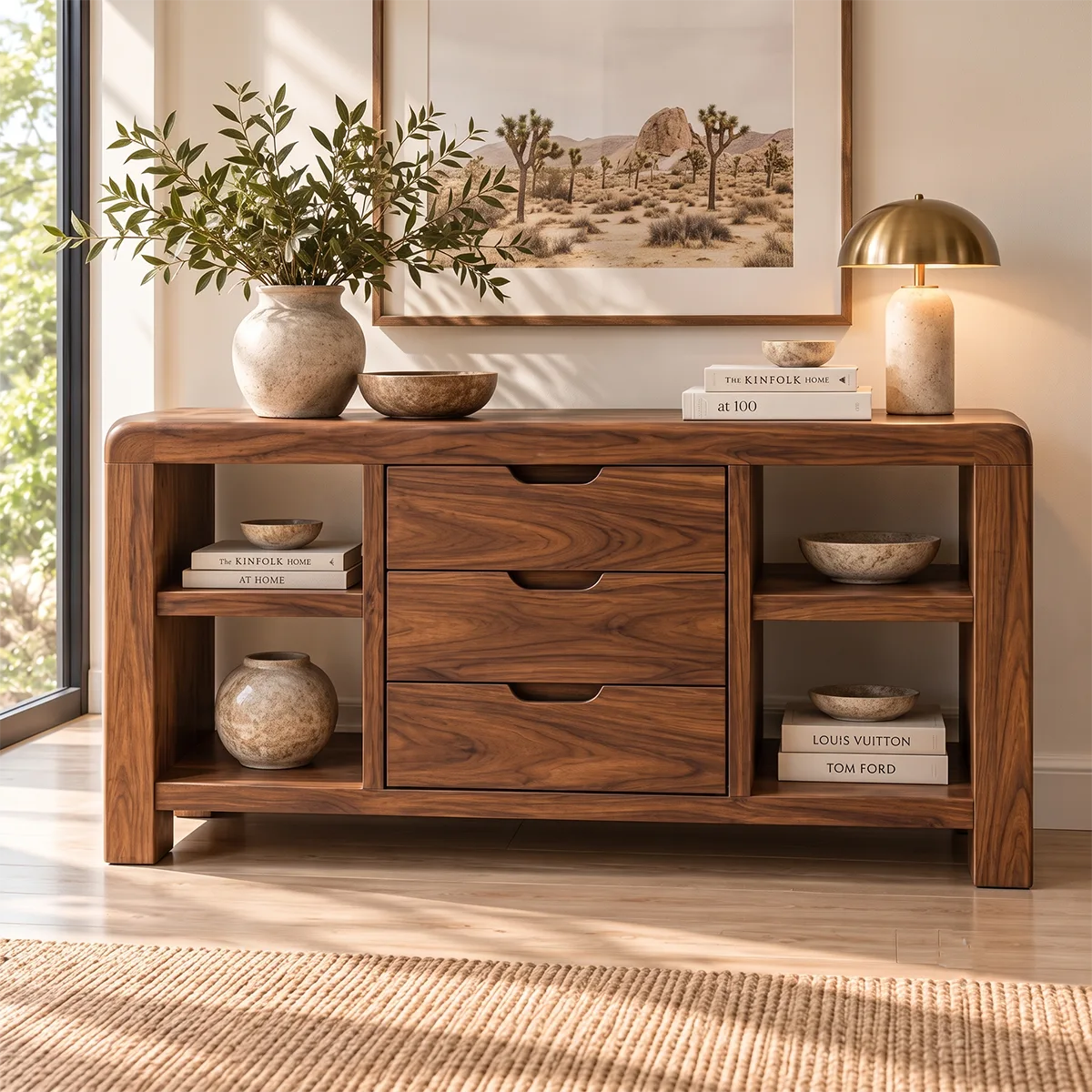 Modern Sideboard with 3 Drawers and 4 Open Shelves | Rounded Storage Console HG021-9VPB8MA