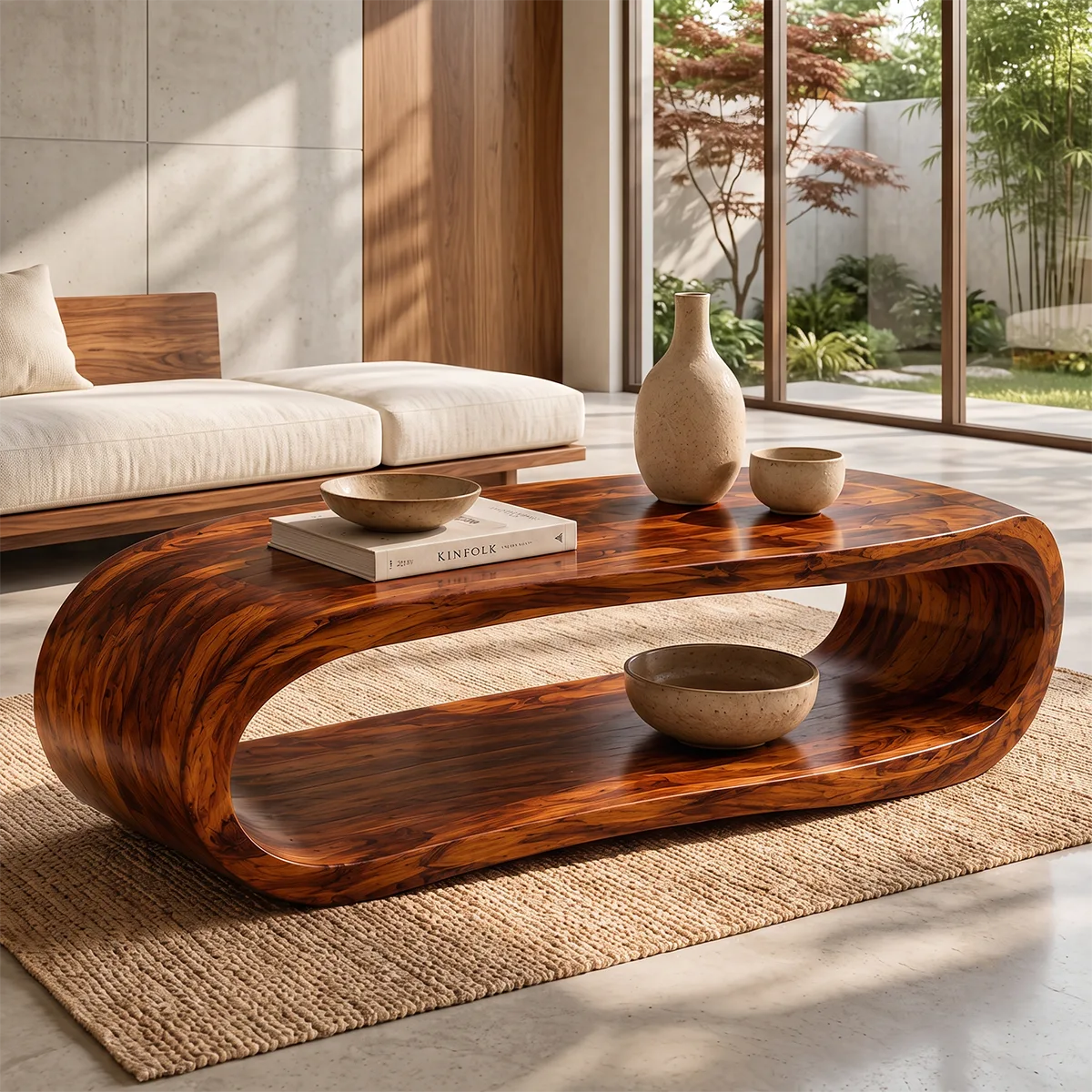 Sculptural Rounded Coffee Table with Open Lower Shelf | Organic Modern Living Room Table TT006-5HHT2PZ