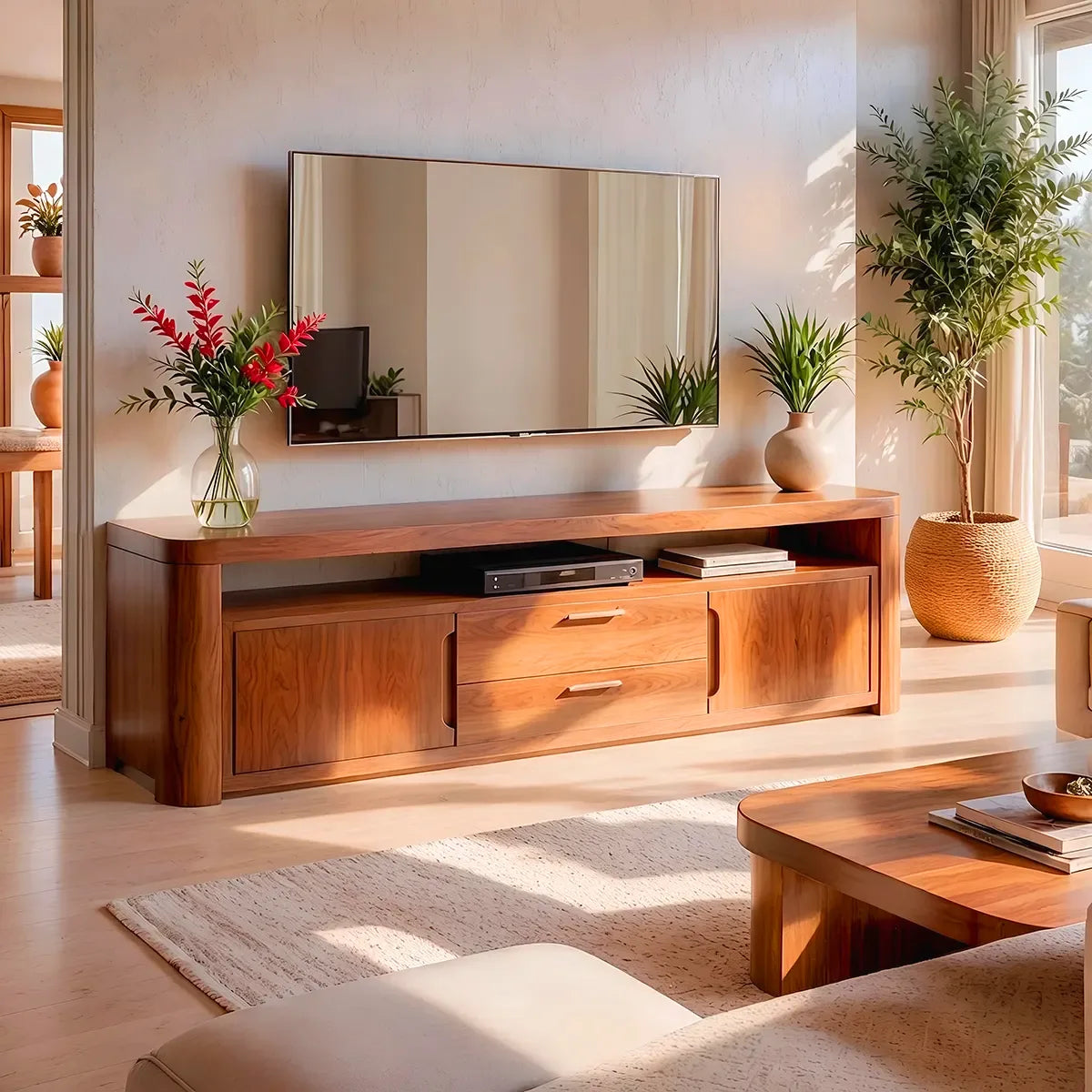 Modern TV Stand with 2 Cabinets, 2 Drawers & Open Media Shelf | Low Profile Entertainment Console TT006-8OIW7WL