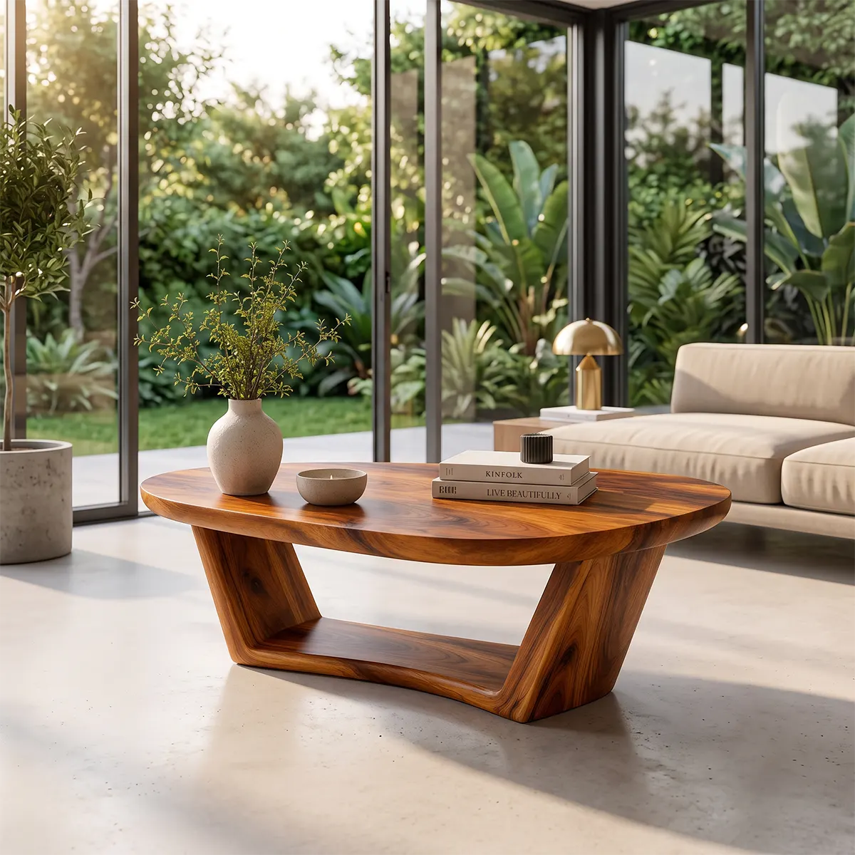 Organic Rounded Coffee Table with Open Lower Shelf | Modern Living Room Center Table TT006-8OJQ3US