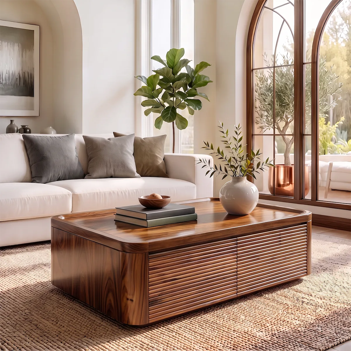 Fluted Coffee Table with 2 Storage Drawers | Modern Rectangular Center Table HG021-5QVK8NI