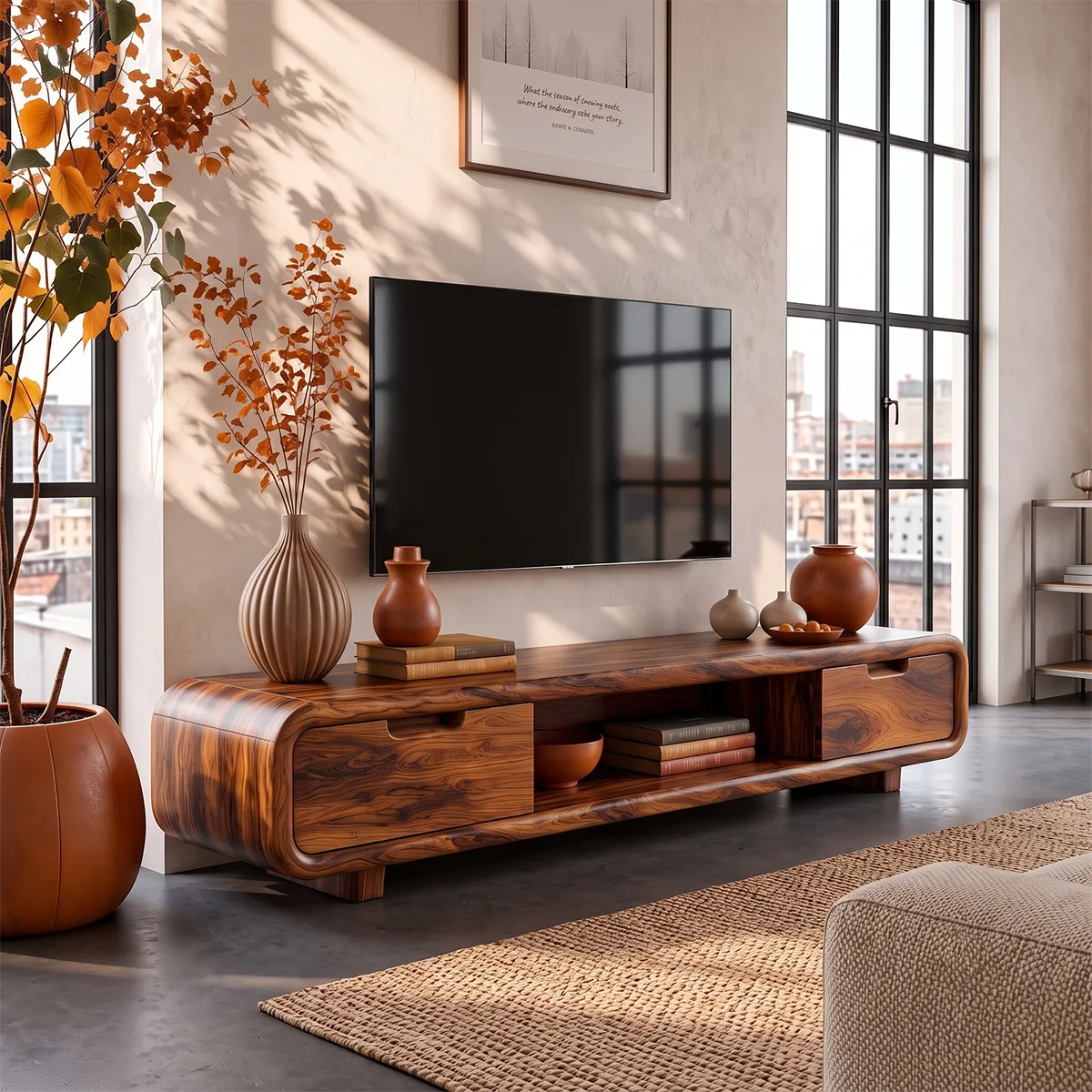 Modern Curved TV Stand with Enclosed Storage & Open Media Shelves TT006-2ORA2EF