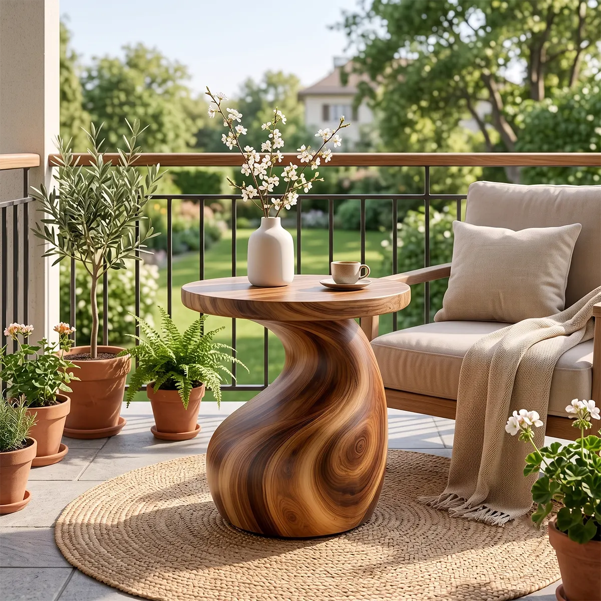 Sculptural S-Curve Wood End Table | Round Organic Pedestal Side Table TT006-2YGL2AE
