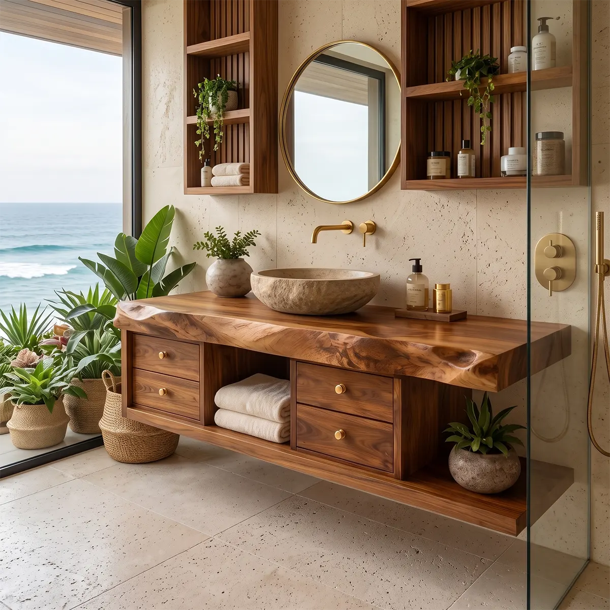 Live Edge Floating Bathroom Vanity | Wood Vanity with Drawers & Open Storage TT006-4VIS1BS