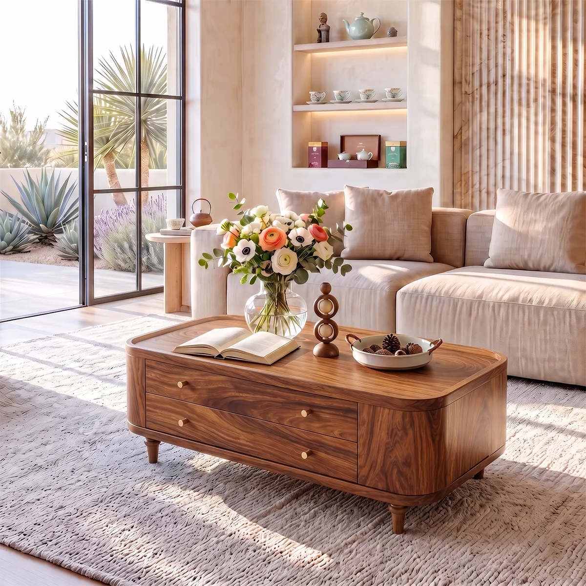 Rectangular Coffee Table with 2 Storage Drawers & Rounded Corners | Modern Living Room Table HG021-5JOP8KT