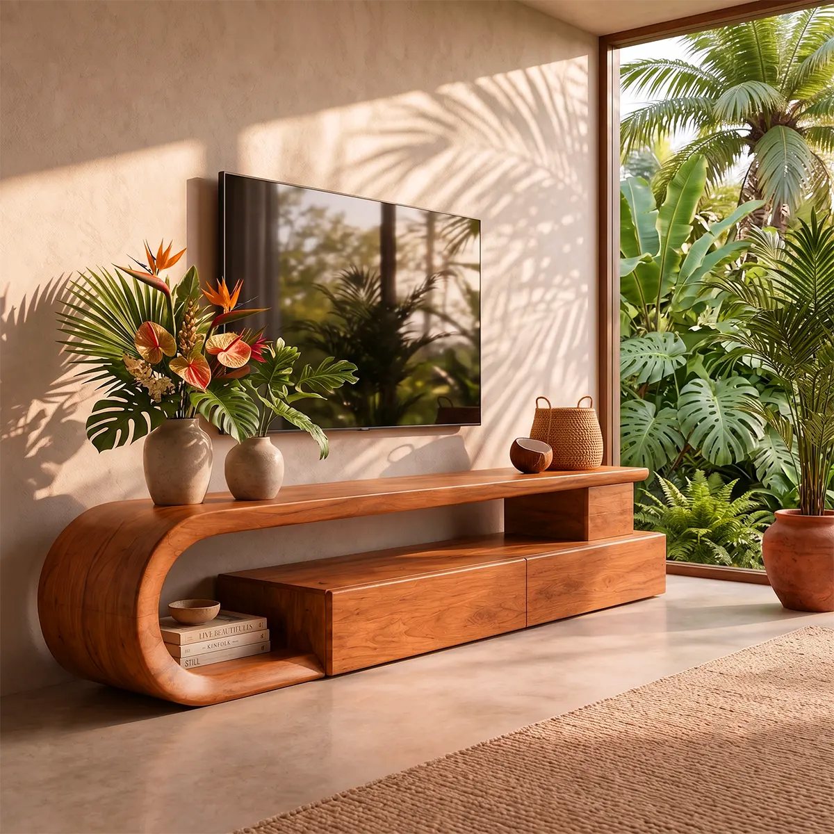 Sculptural Curved TV Stand with 3 Drawers & Open Shelving | Modern Low Profile Media Console TT006-6ELT4UJ
