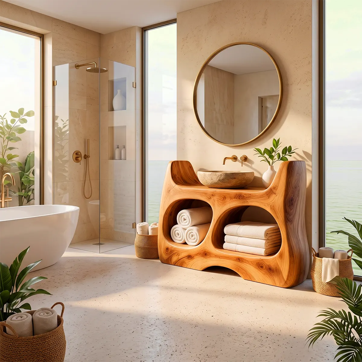Sculptural Bathroom Vanity with 2 Open Shelves | Curved Organic Modern Design TT006-9TVO9QA