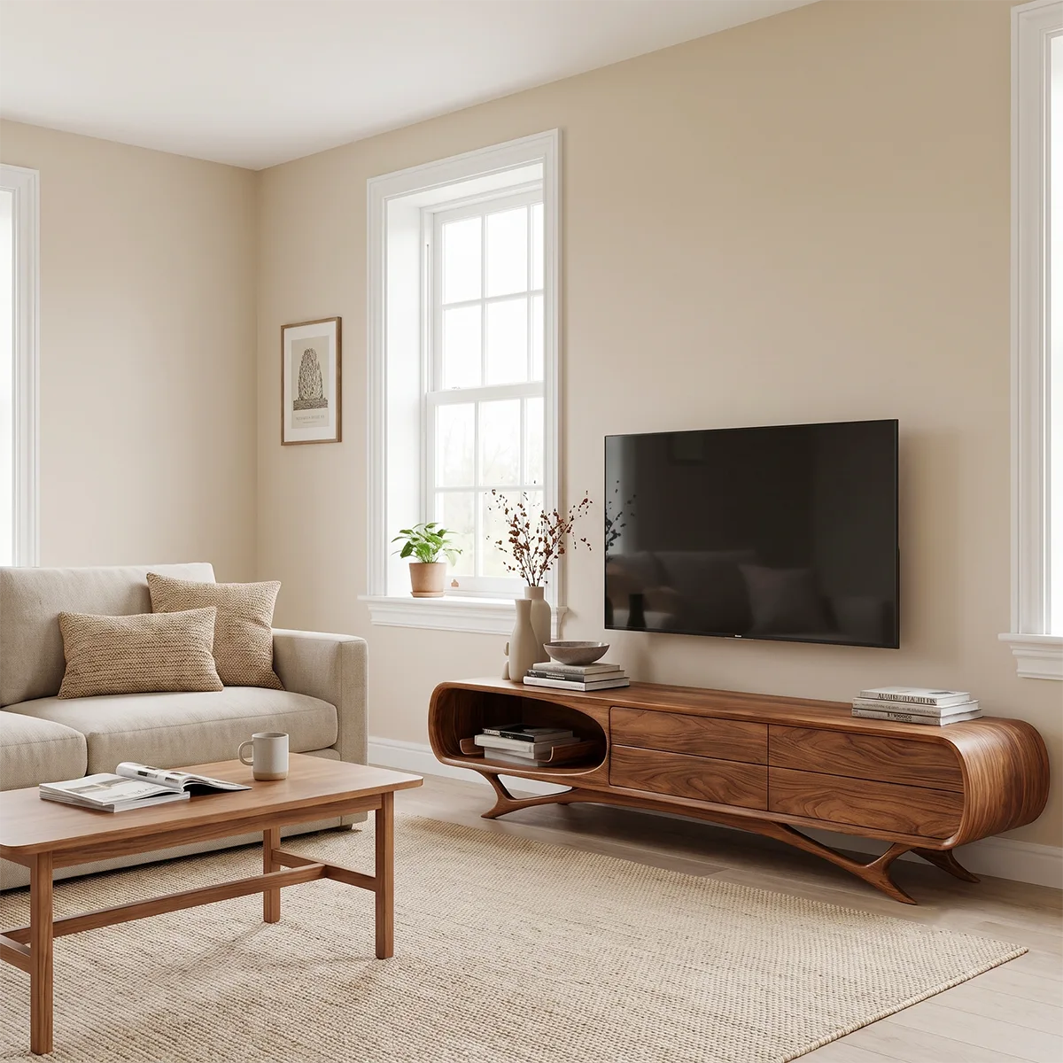 Curved Wood TV Stand with Drawers & Open Shelf | Modern Media Cabinet HG021-3QWT2KN
