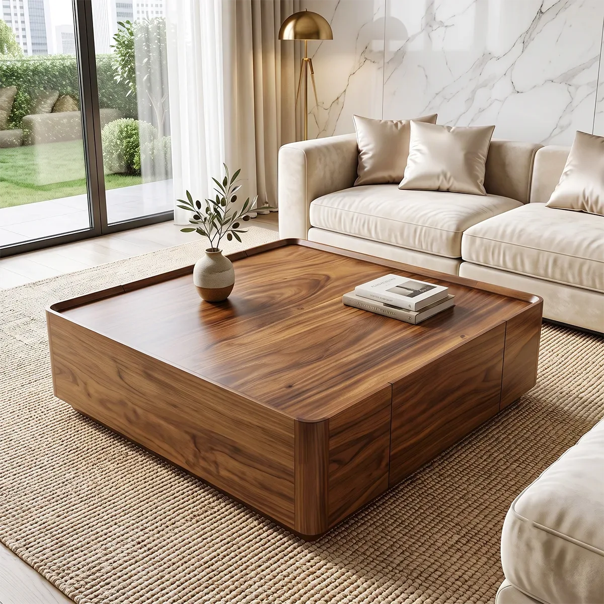 Square Coffee Table with Hidden Storage Drawer | Modern Low Profile Center Table HG021-5UQU1VD