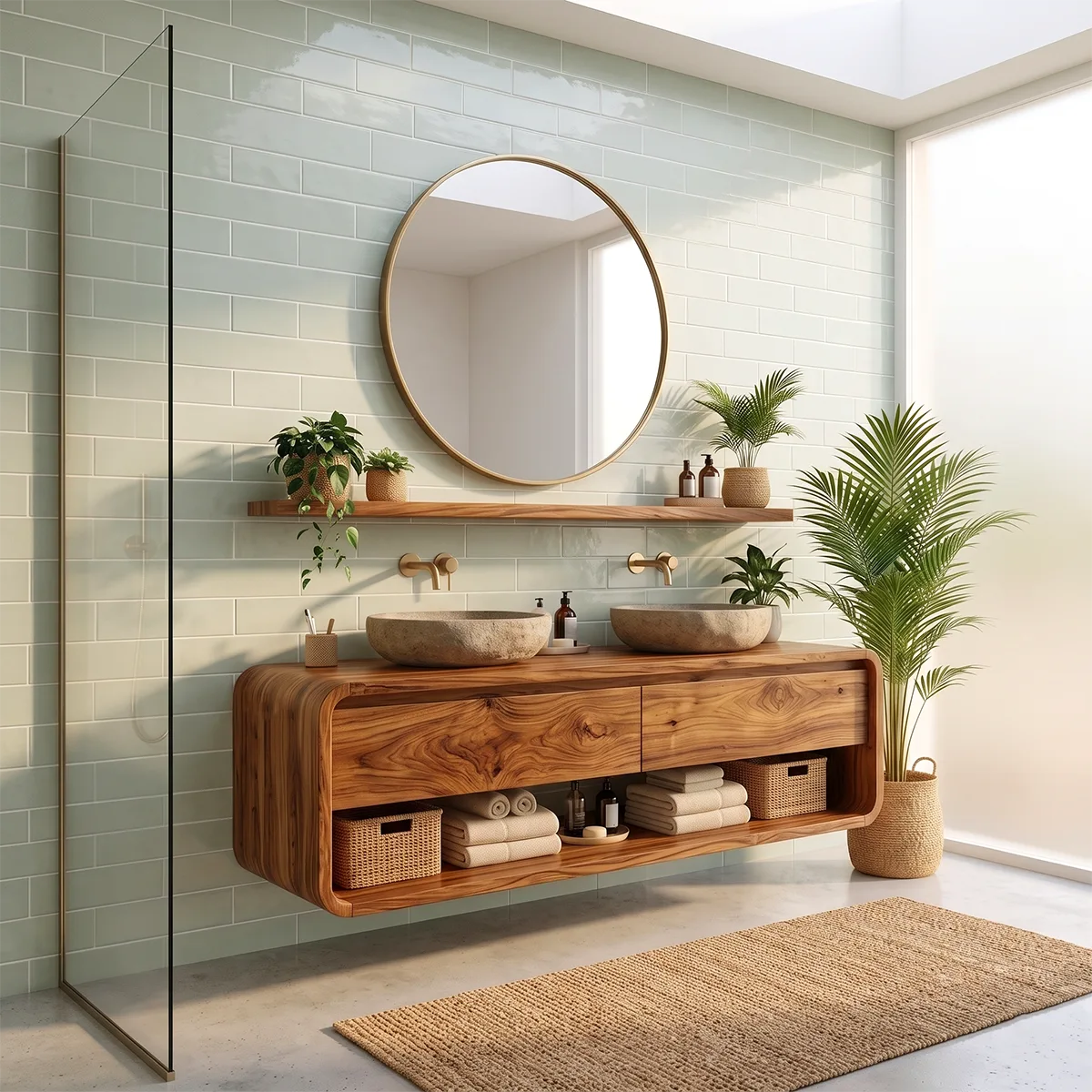 Floating Double Bathroom Vanity with 2 Drawers & Open Shelf | Rounded Organic Modern Design TT006-7NDV5OI