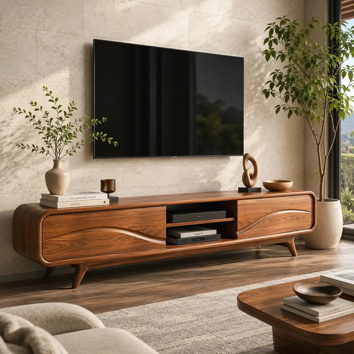 Modern TV Stand with 2 Open Shelves & Enclosed Storage | Sculptural Wave Media Console TT006-7PJS6KB