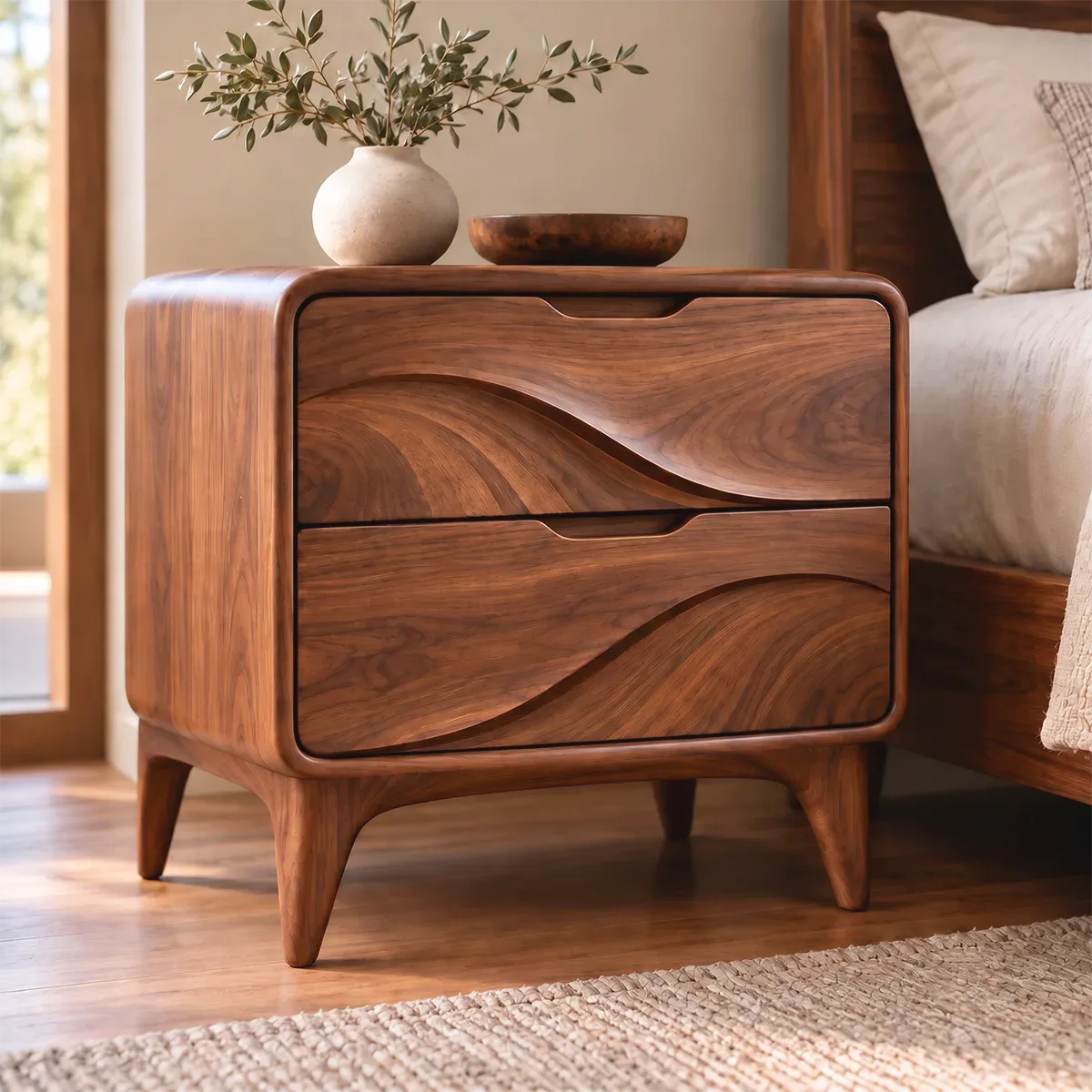Sculptural Wave 2-Drawer Nightstand | Modern Bedside Table with Carved Drawer Fronts HG021-5AYQ3CA
