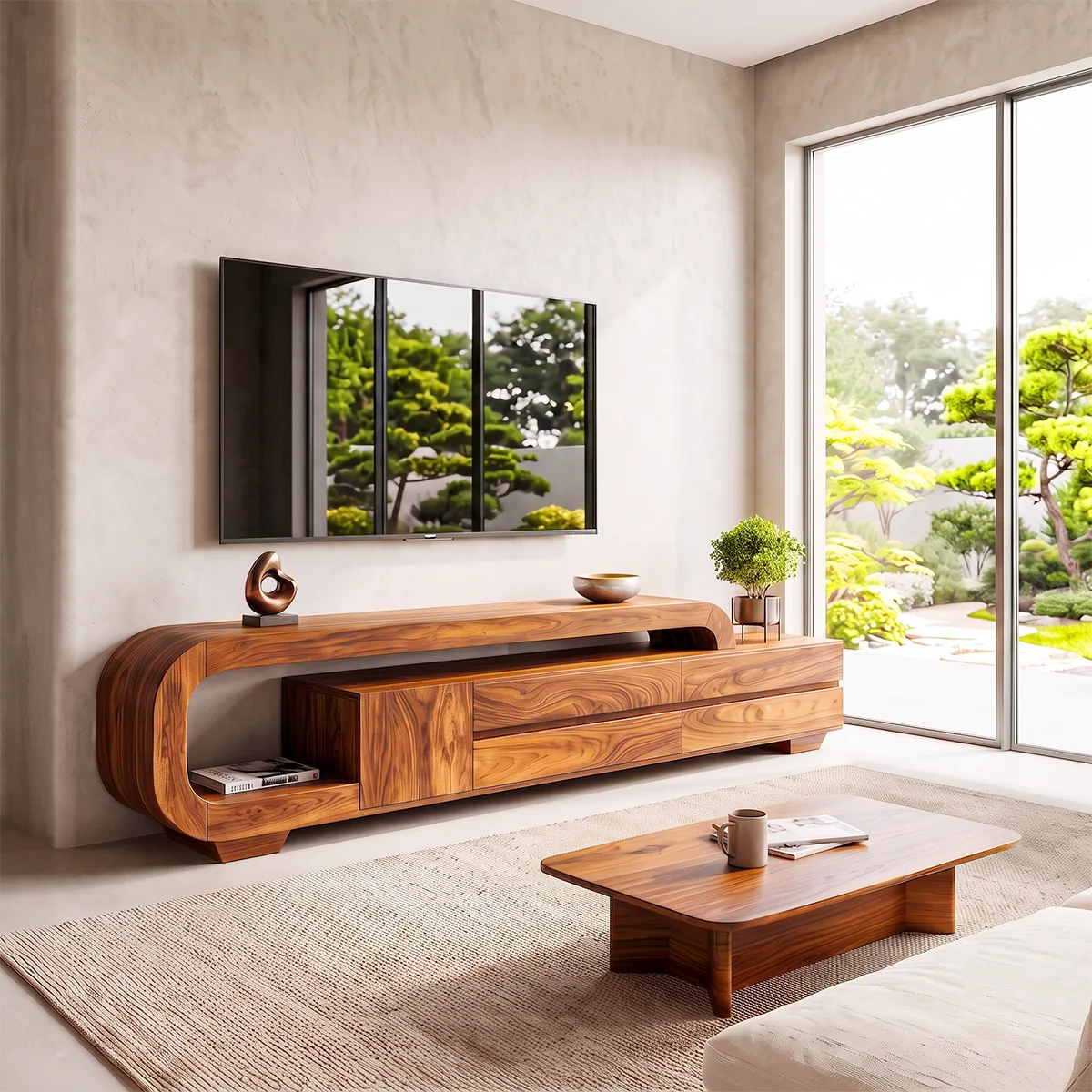 Curved Wood TV Stand with Drawers & Storage | Modern Media Cabinet HG021-1SBA3RR