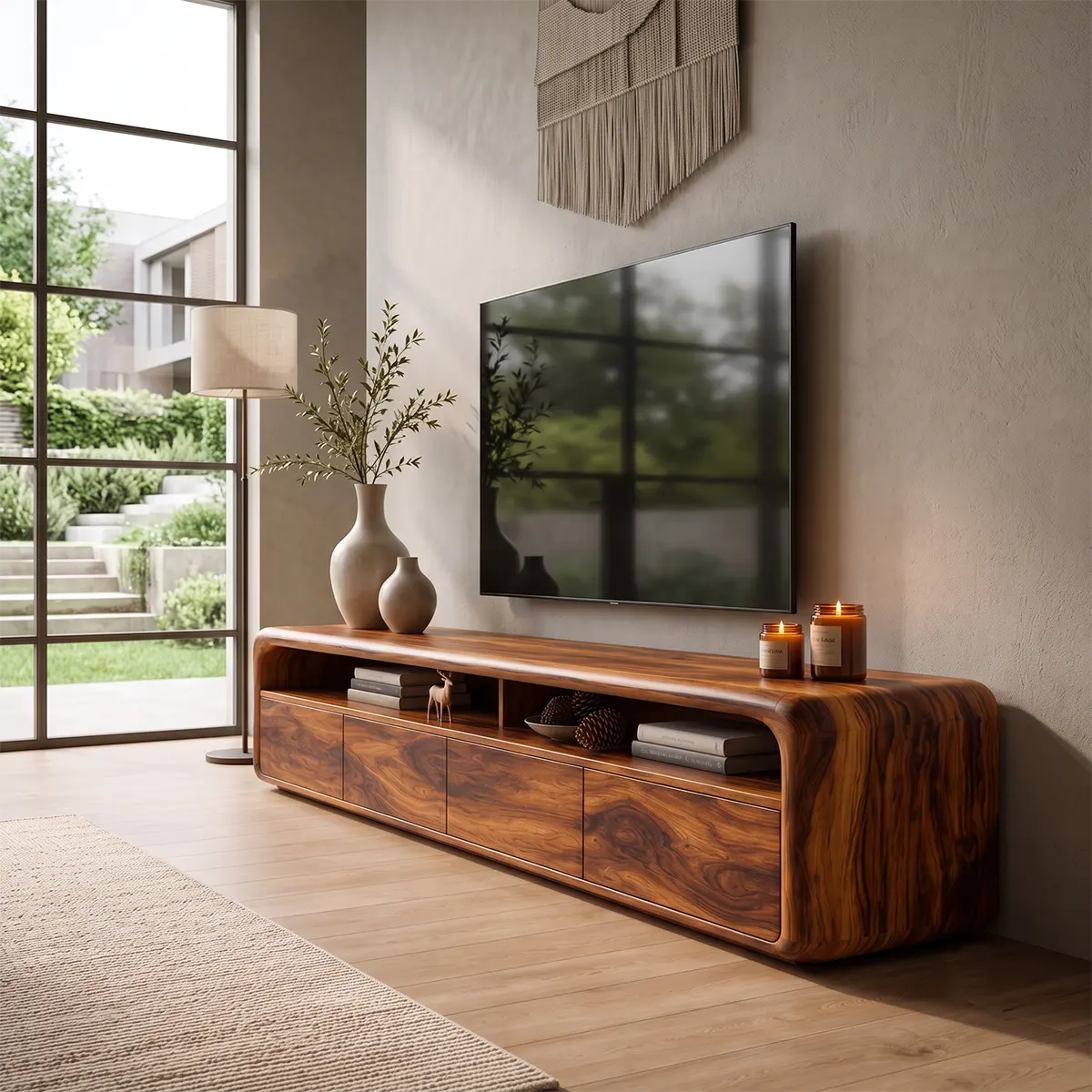 Modern Curved TV Stand with 4 Enclosed Storage Compartments & Open Shelves TT006-5AFF2JH