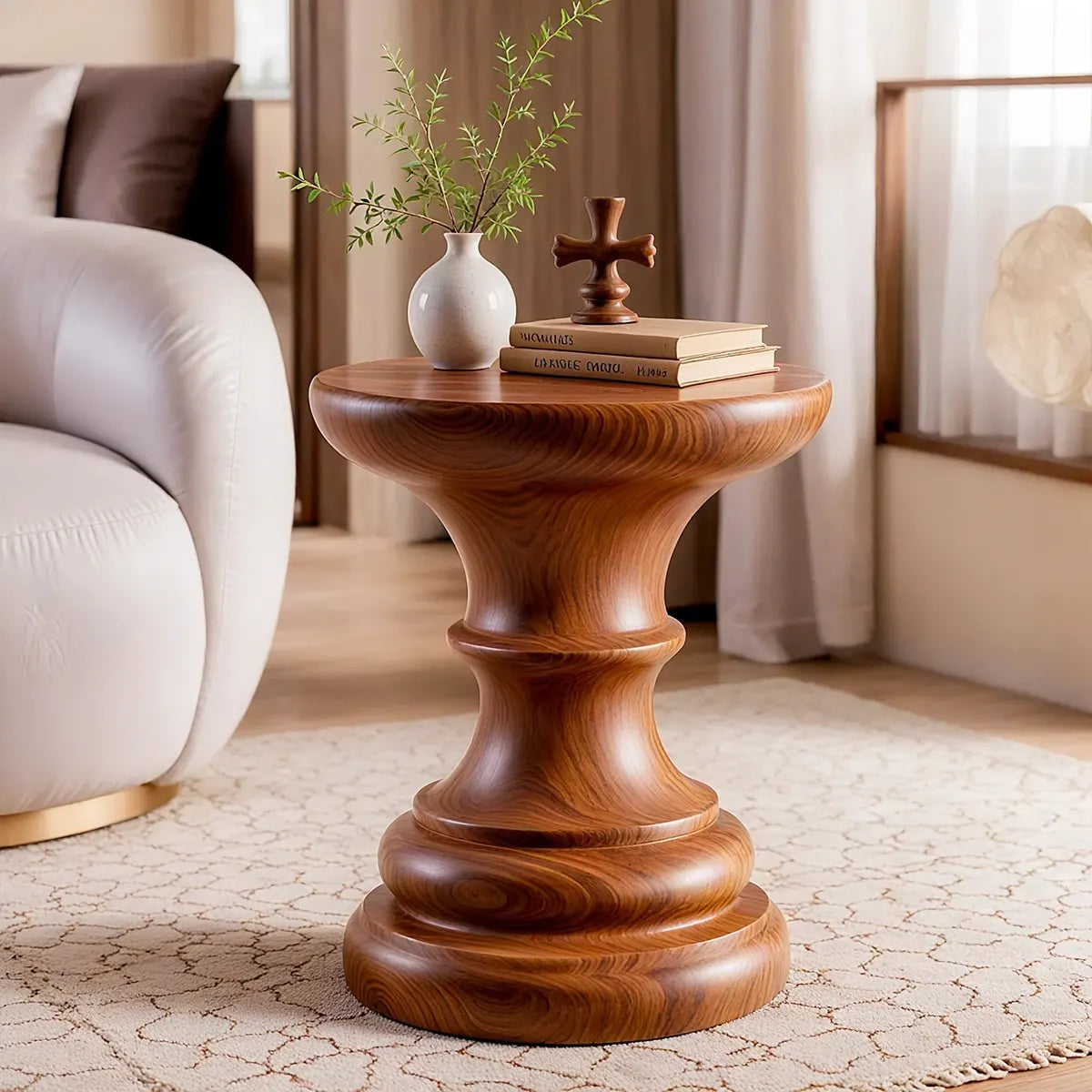 Sculptural Turned Wood Pedestal End Table | Round Statement Side Table TT006-1IPZ4IE
