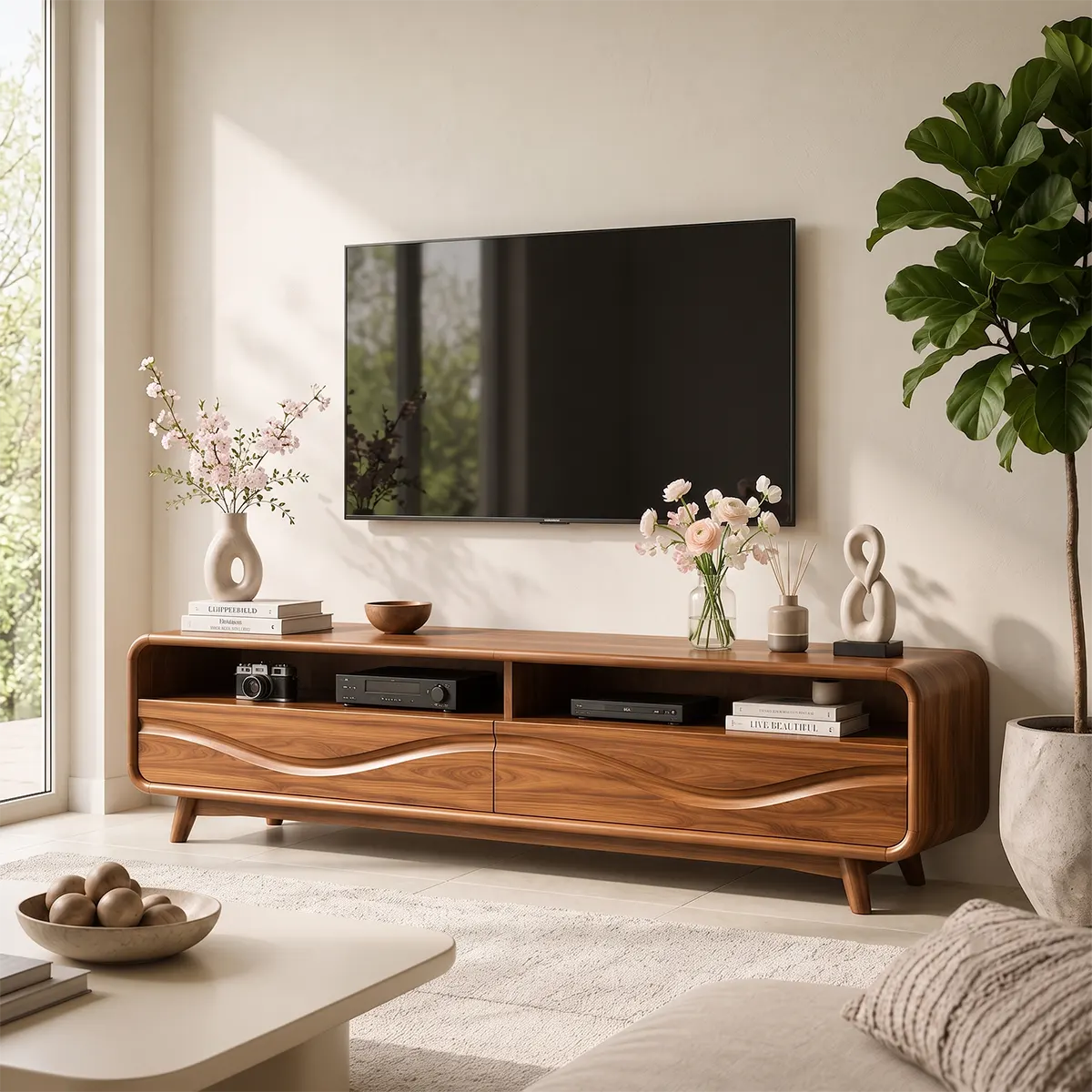Modern TV Stand with 2 Open Shelves & Enclosed Storage | Sculptural Curved Media Console TT006-5OJR9XY
